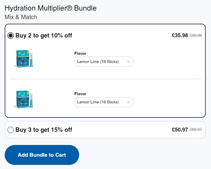 A volume discount bundle of Hydration Multiplier made using Fly allows customers to save more by purchasing larger quantities.