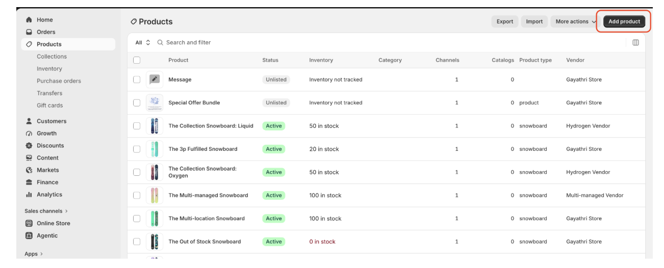 A shopify admin dashboard that shows the add product button