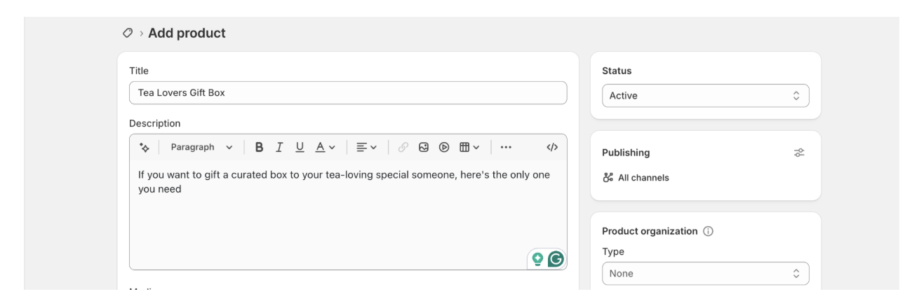 Shopify admin dashboard showing the add product section