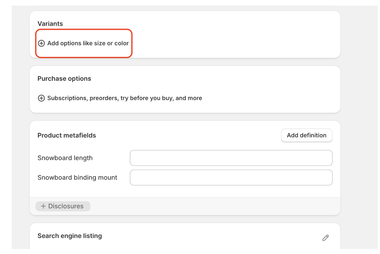 The shopify admin dashboard highlighting the add options button