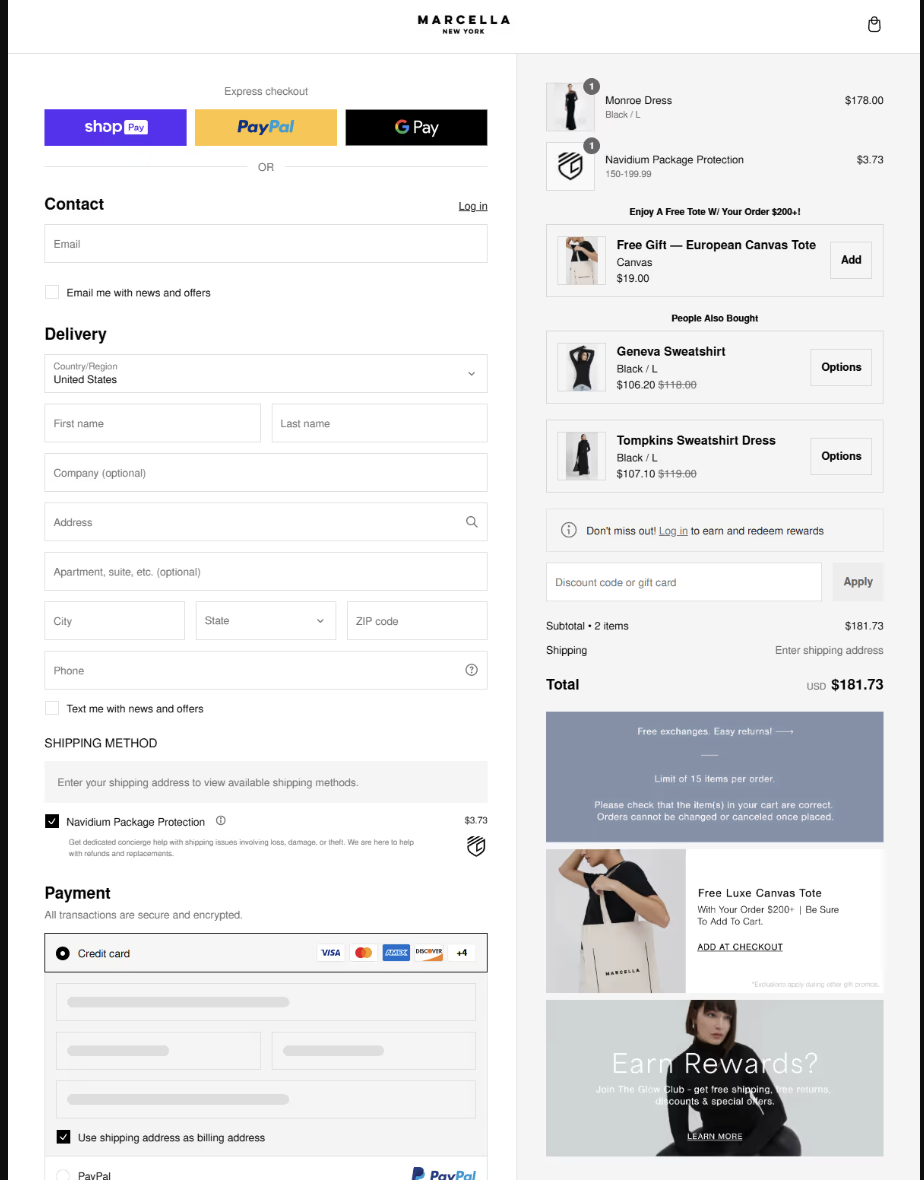 An image showcasing Marcella's Shopify checkout page