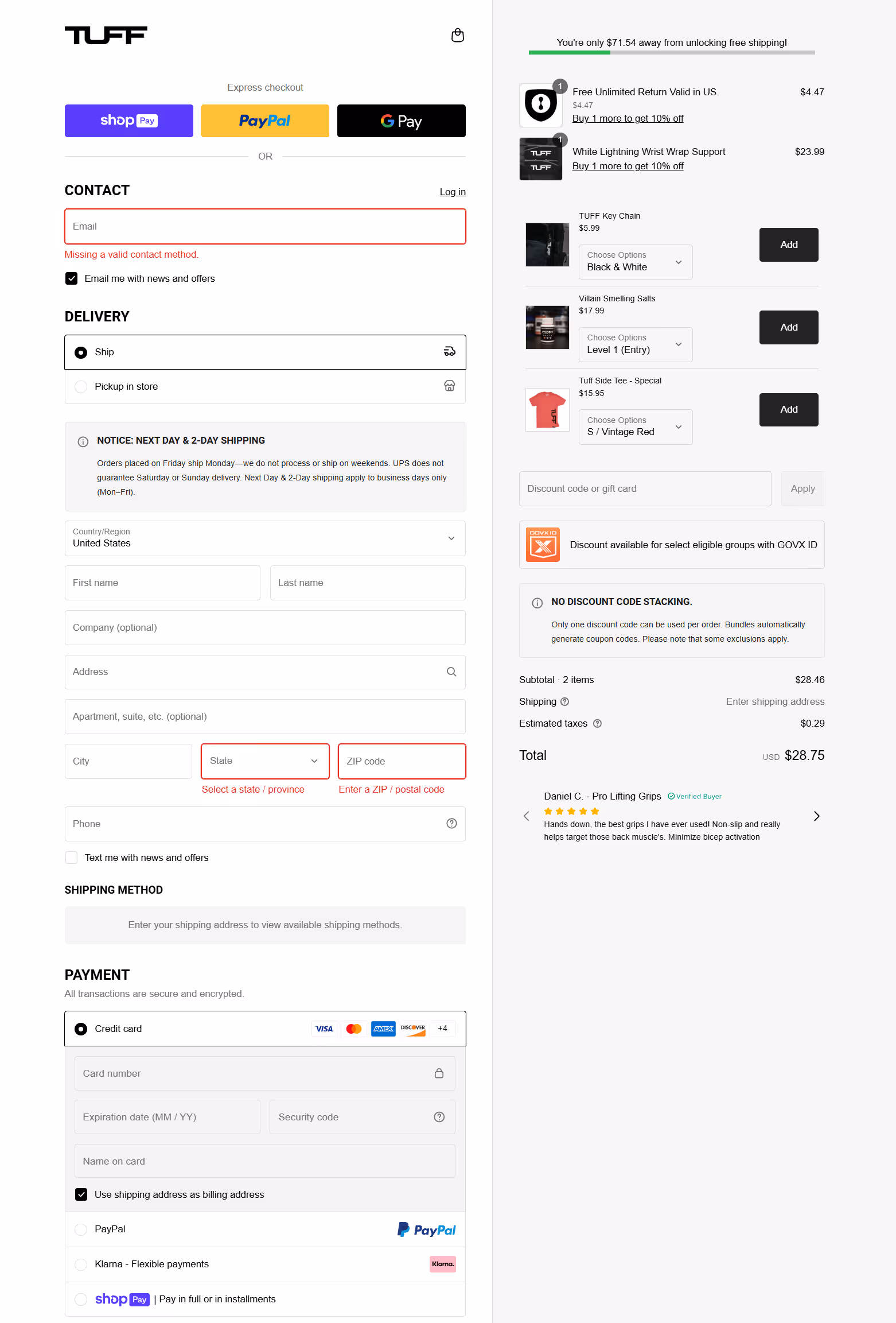 An image showing Tuff's Shopify Checkout page