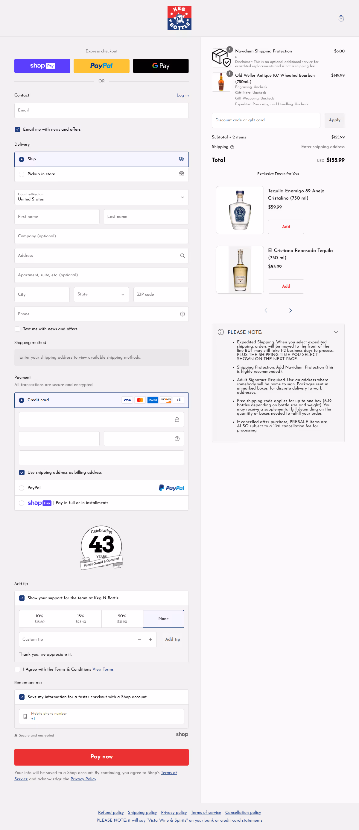 An image showing Keg N Bottle's Shopify Checkout page