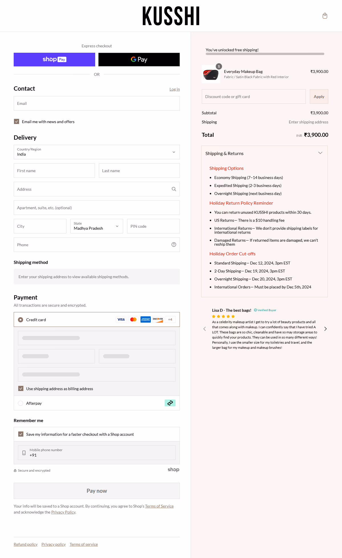 A shopify checkout page of Kusshi