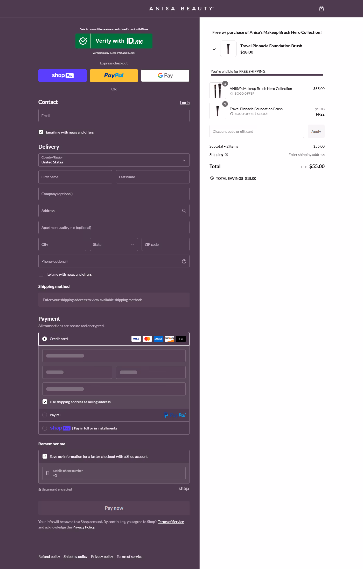 A shopify checkout page of Anisa Beauty