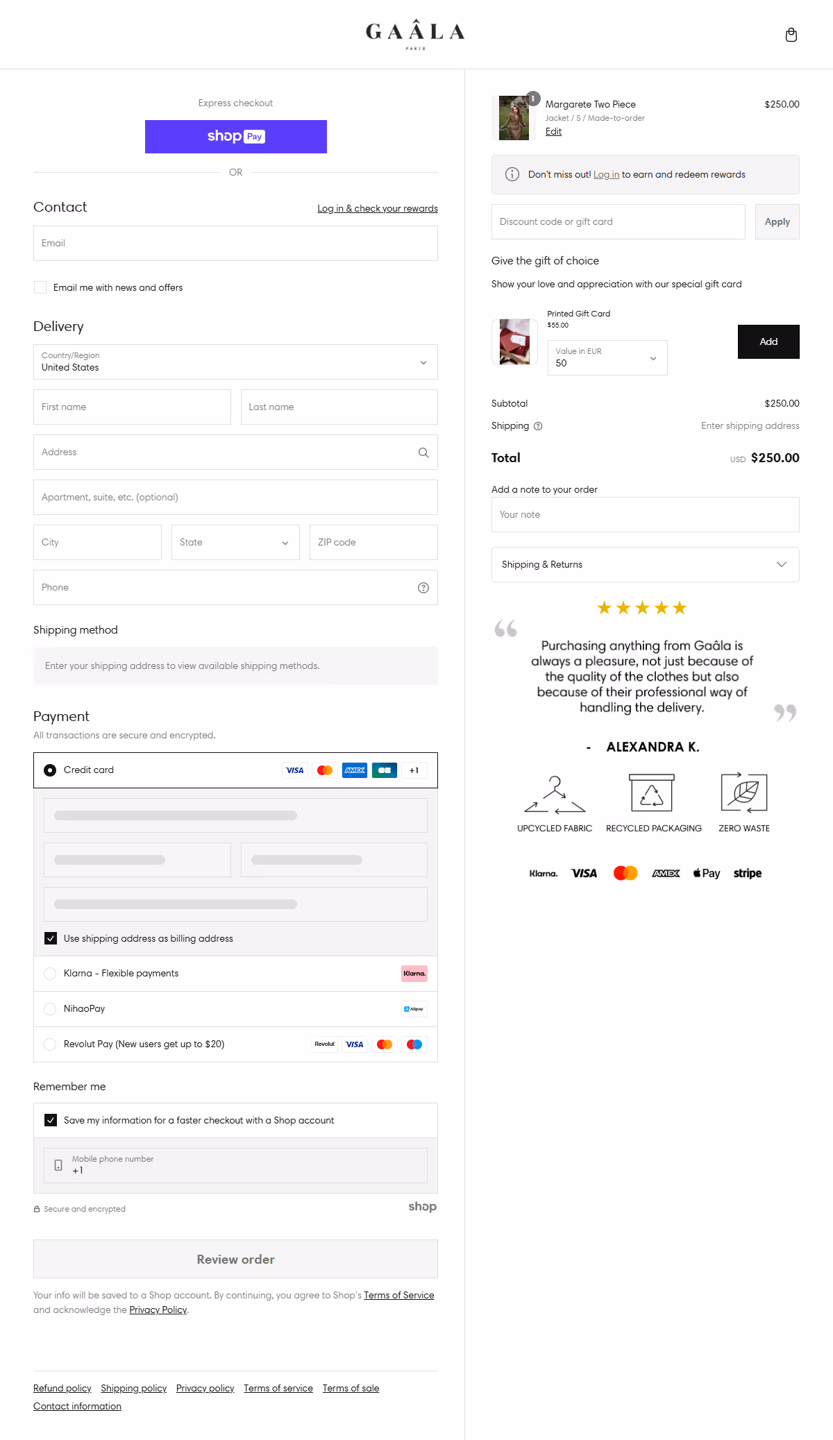 Shopify checkout page example of Gaala Paris