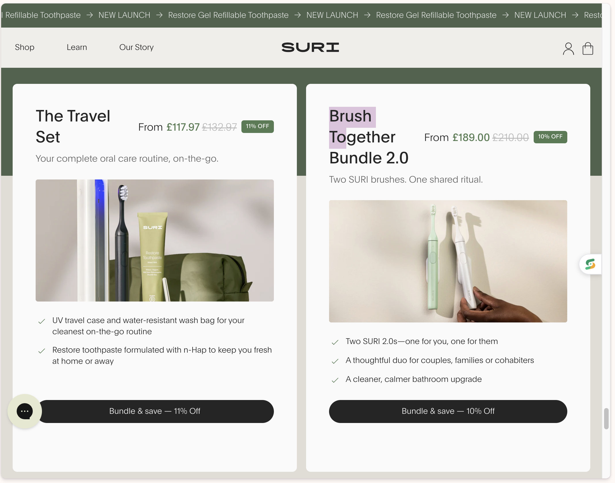 The site of SURI showing their BOGO offers in their current suite of products