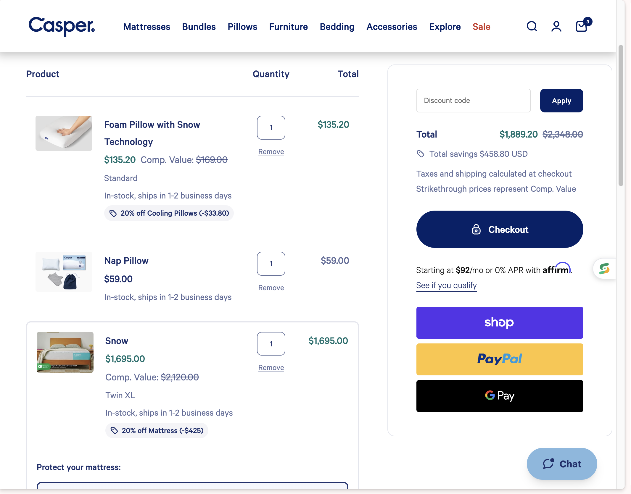 A picture showing the items added in cart in the casper's site, showing checkout exclusive discount