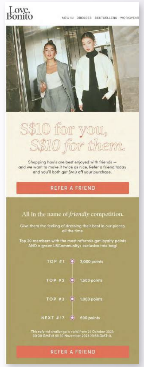 Love, Bonito showing their referral discount example