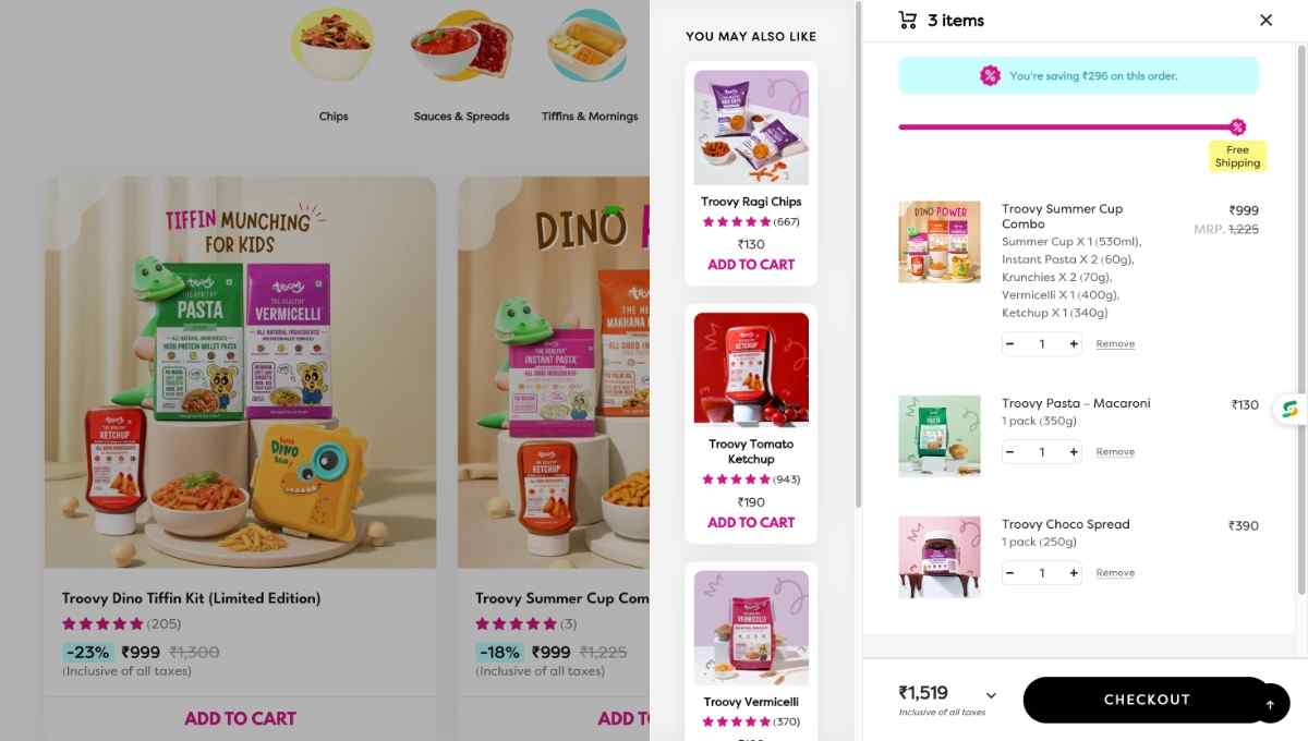 A picture of Troovy's cart section, showing their goal-based discount progress bar