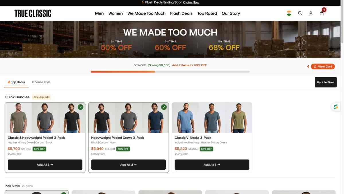 A picture of True Classic's site showing their tiered discount strategy