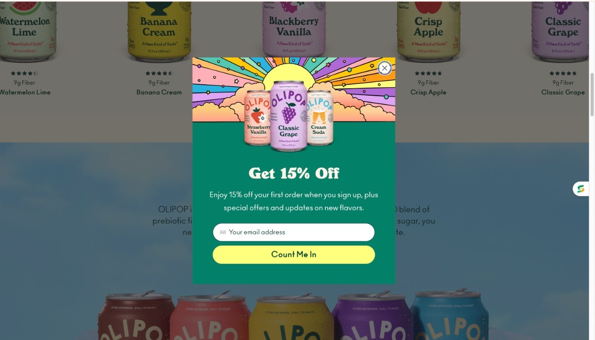 A picture showing the first order discount offered by Olipop