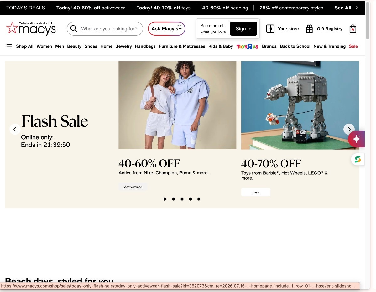 A picture showing Macy's online flash sale discounts