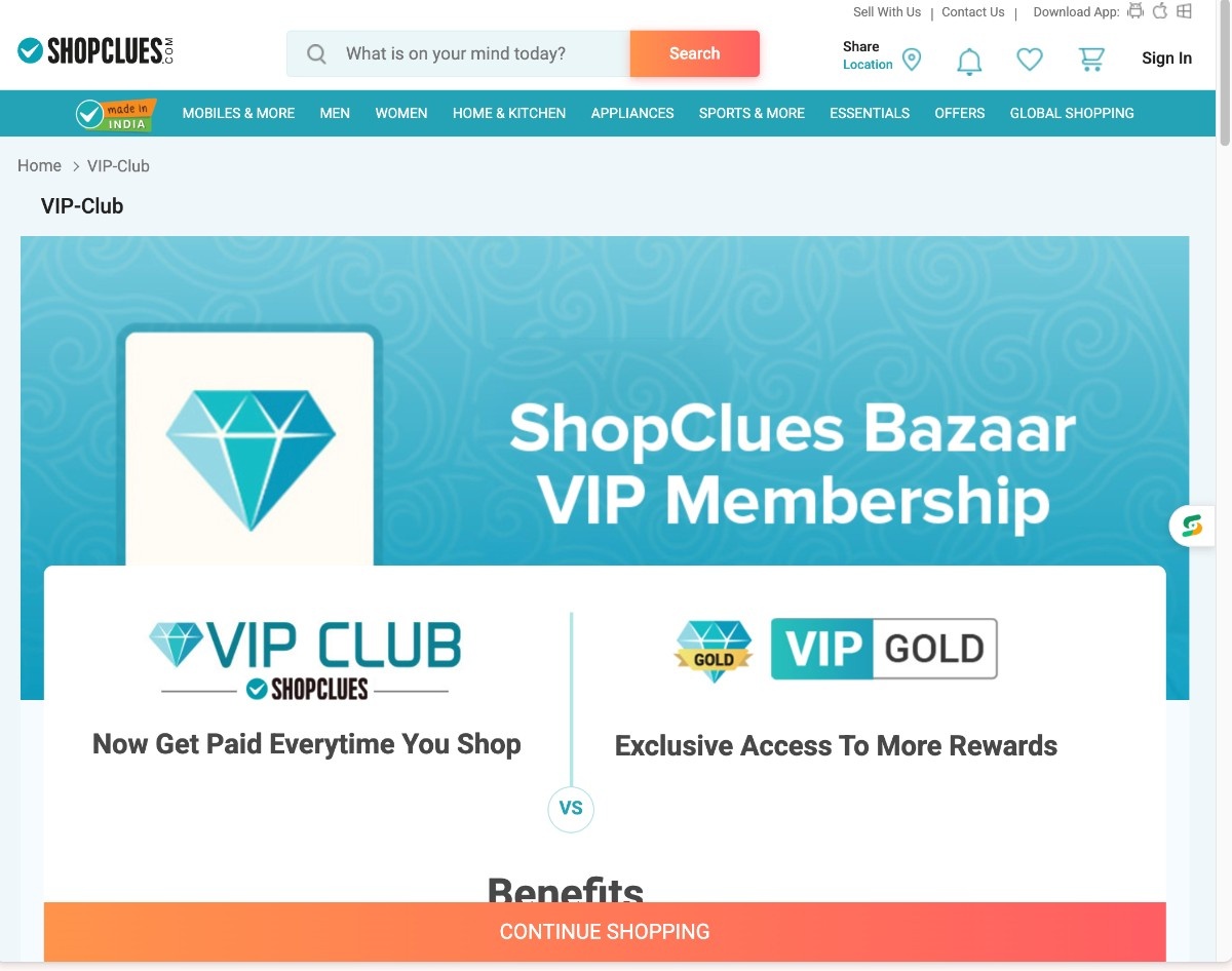 A picture showing the VIP discounts currently offered by Shopclues