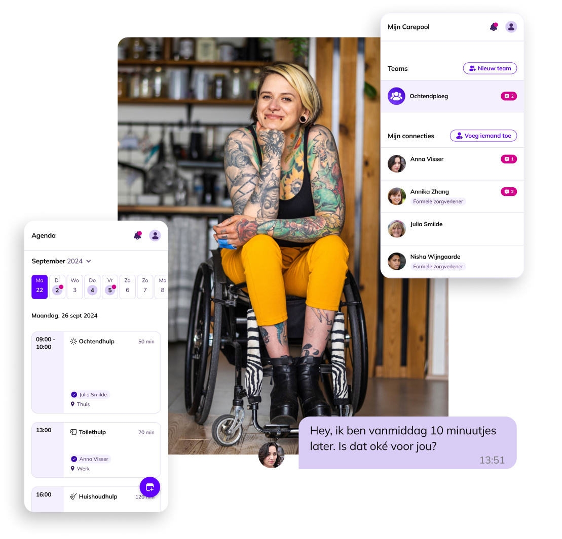 Een jonge vrouw met tattoos in een handbewogen rolstoel. Om haar heen staan scherm voorbeelden van de app, een scherm met een agenda overview en een scherm met een contactenlijst.
