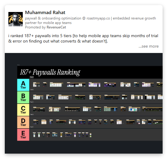 187+ paywall ranking linkedin post by muhammad rahat from roastmyapp