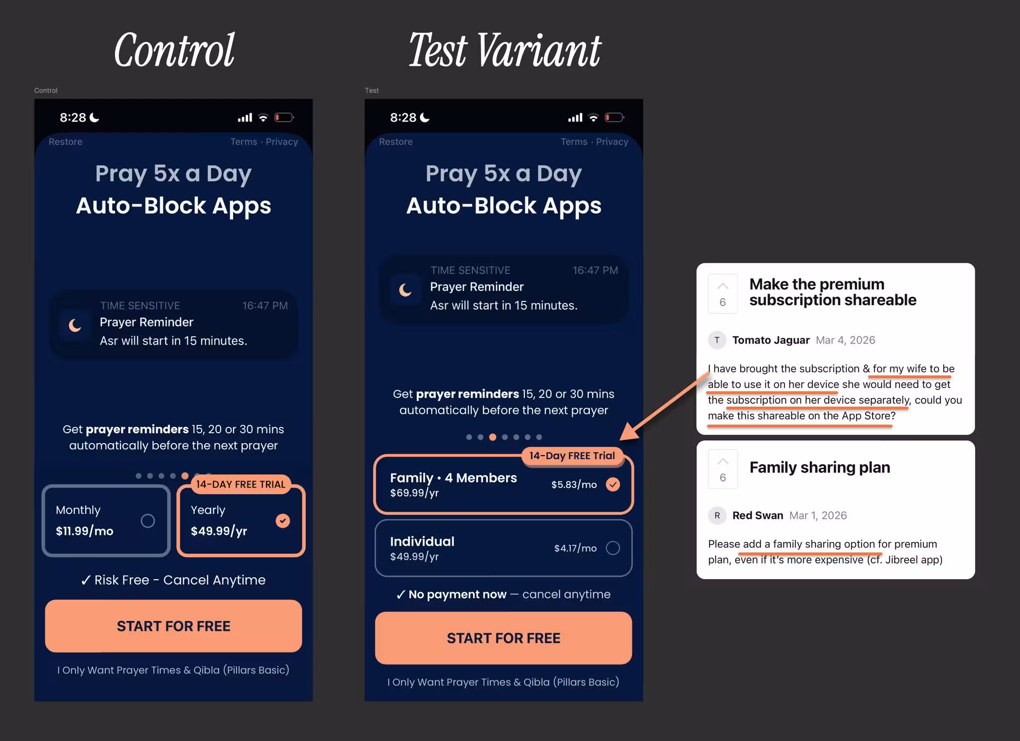 pillars prayer tracker app paywall a/b test design