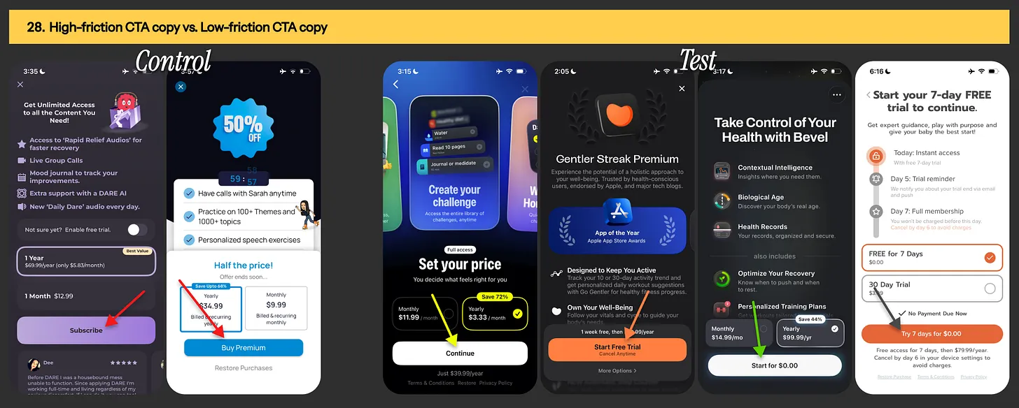 Paywall button copy example from BeHard, Gentler streak, Bevel & Kinedu app