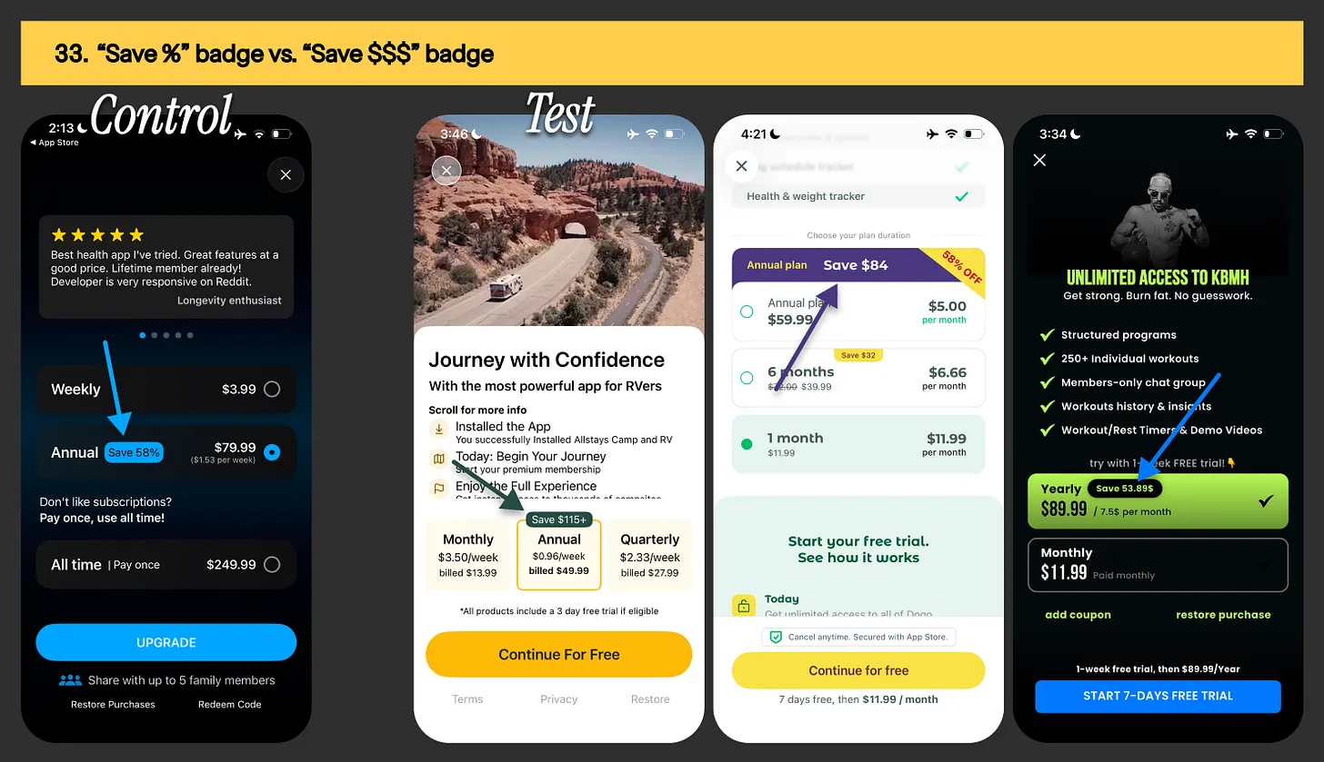 Save badge examples from Livity, AllStays, Dogo & KBMH Kettlebell training app