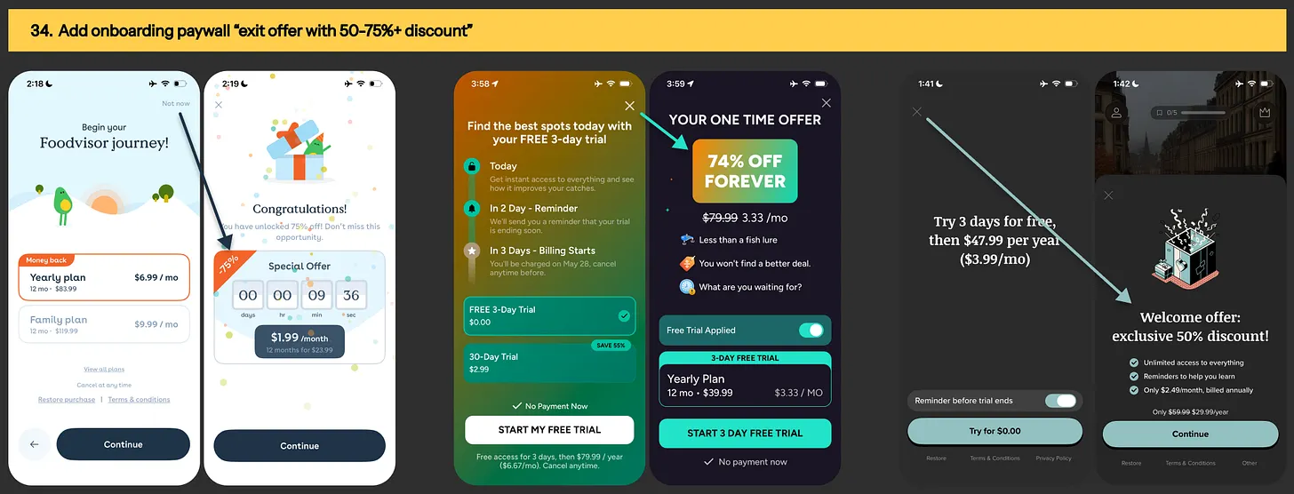 Onboaring paywall exit offer example from FoodVisor, Fish AI & Vocabulary app
