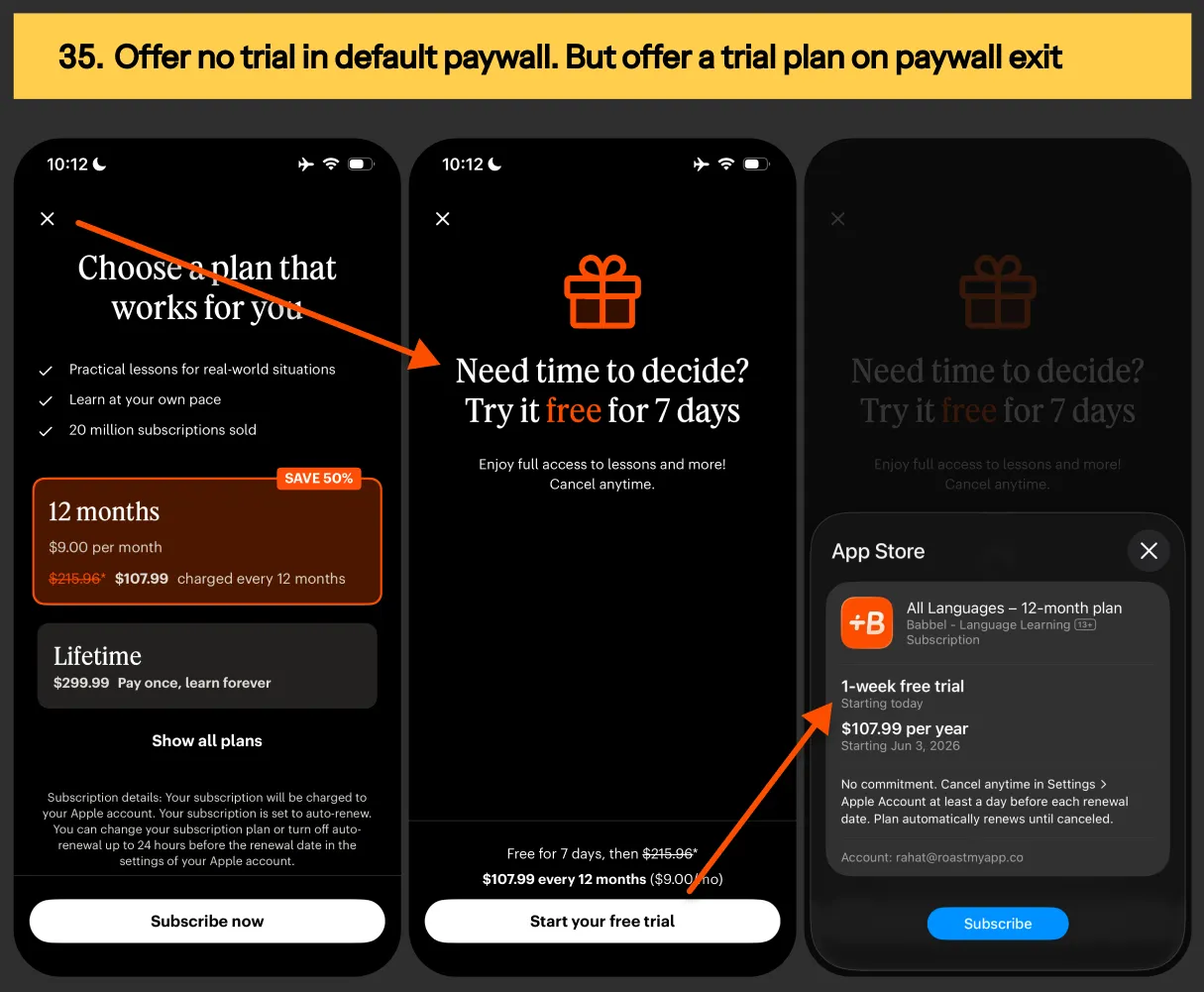 Paywall exit offer example from Babbel language app