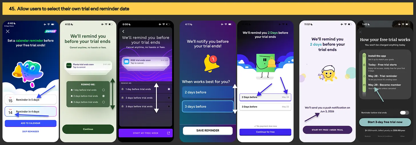 Trial-end reminder personalization examples from Duolingo, Planta, Rise, Fish AI, MyMentalPal, Yuno & Vocab app
