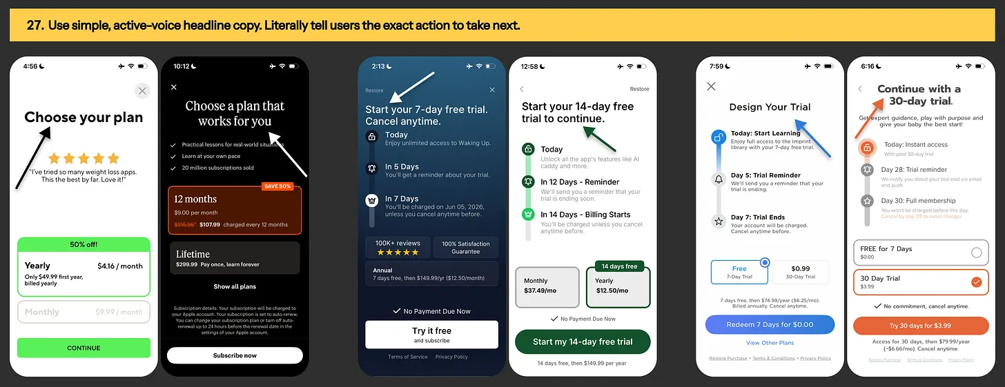 Paywall headline examples from Lifesum, Babbel, Waking Up, Scratch AI, Imprint & Kinedu app