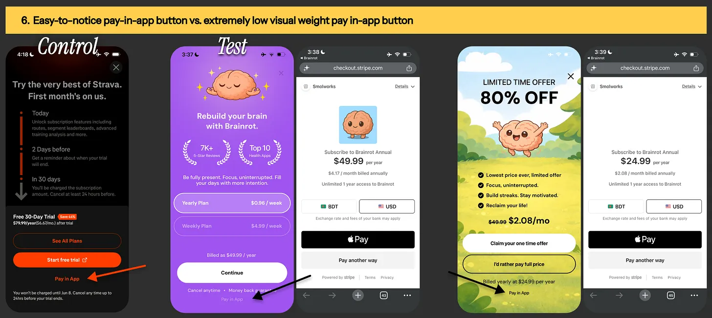 Paywall designs from Strava & Brainrot app