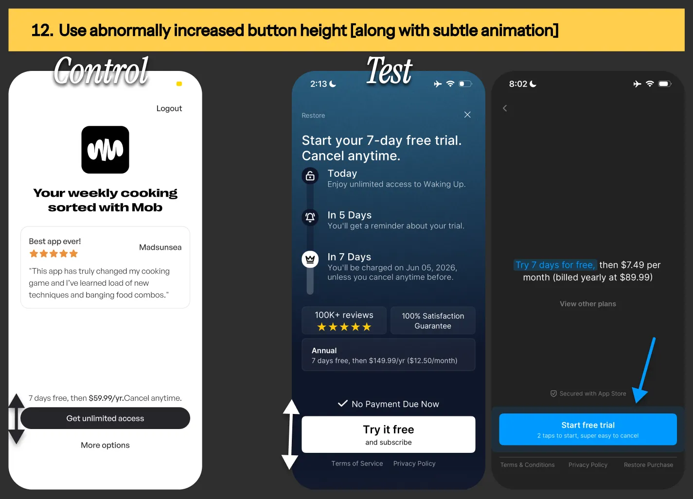 Paywall CTA button from Mob, Waking up & Headway app