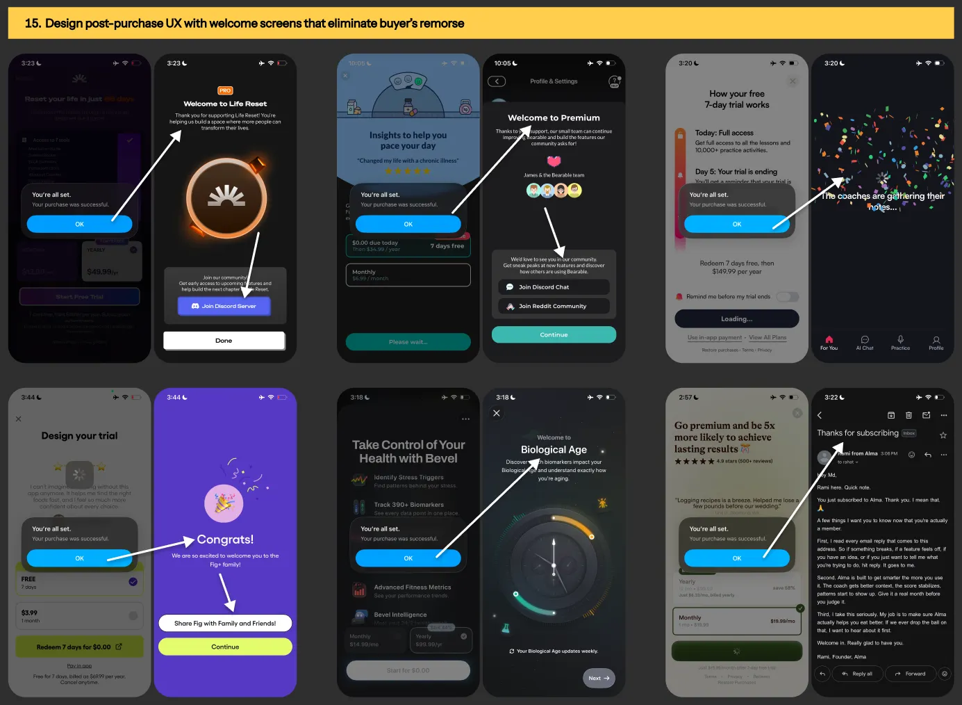 Post-purchase UX design from Life Reset, Bearable, Fig Food Scanner, Bevel, BoldVoice & Alma app