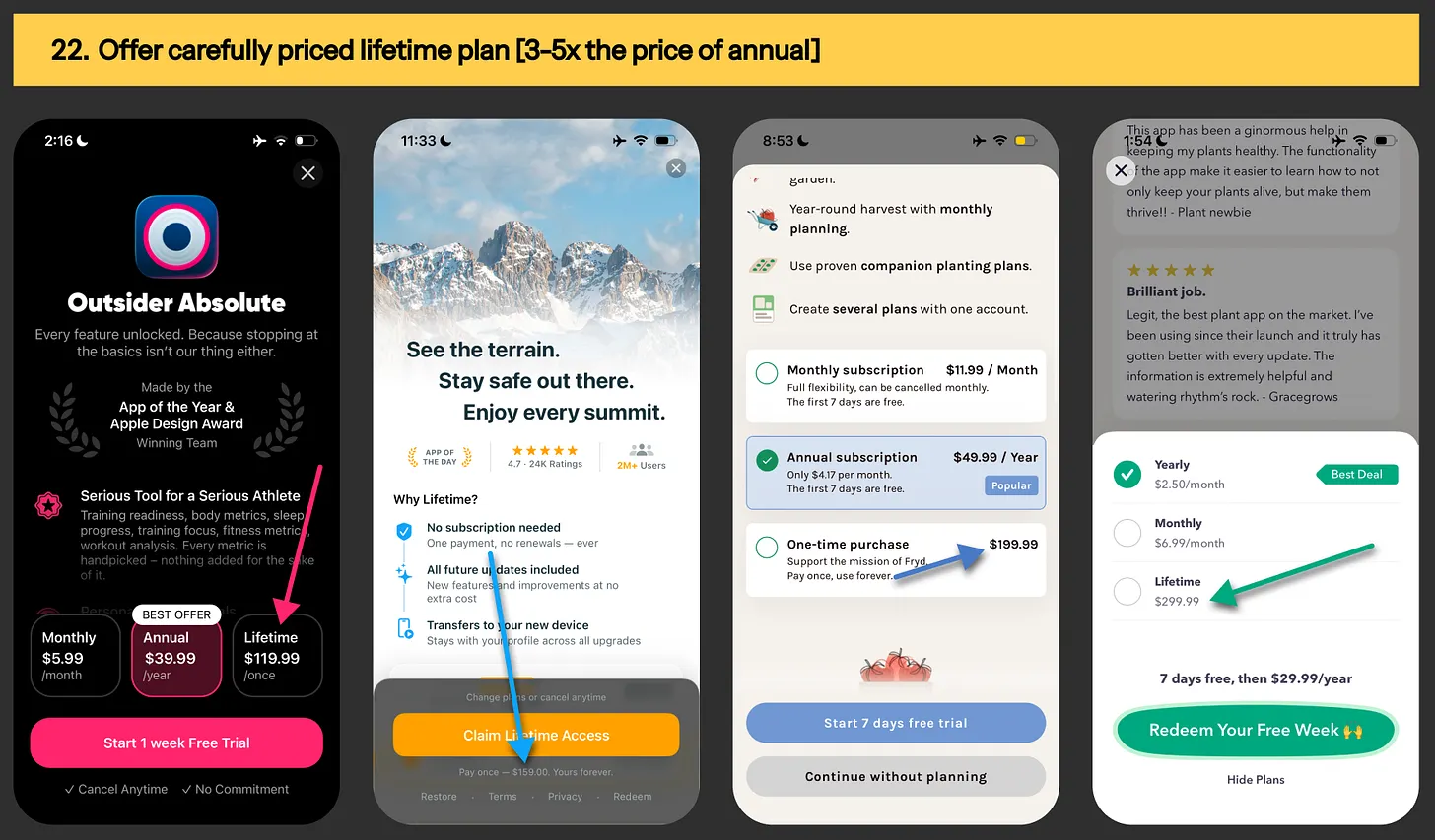 Lifetime pricing example from Outsider, Fryd & Greg app