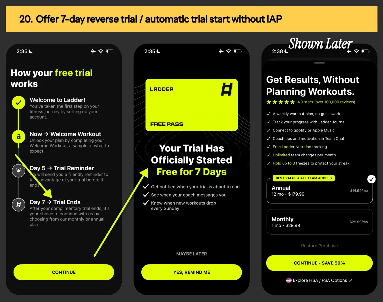 Reverse trial example for Ladder fitnerss app