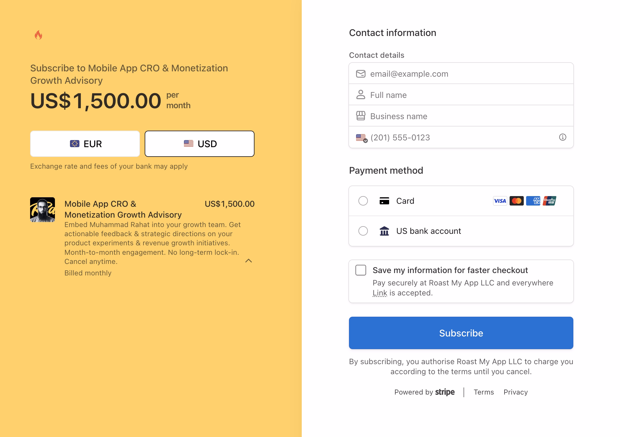 Stripe checkout to book my CRO & monetization growth advisory