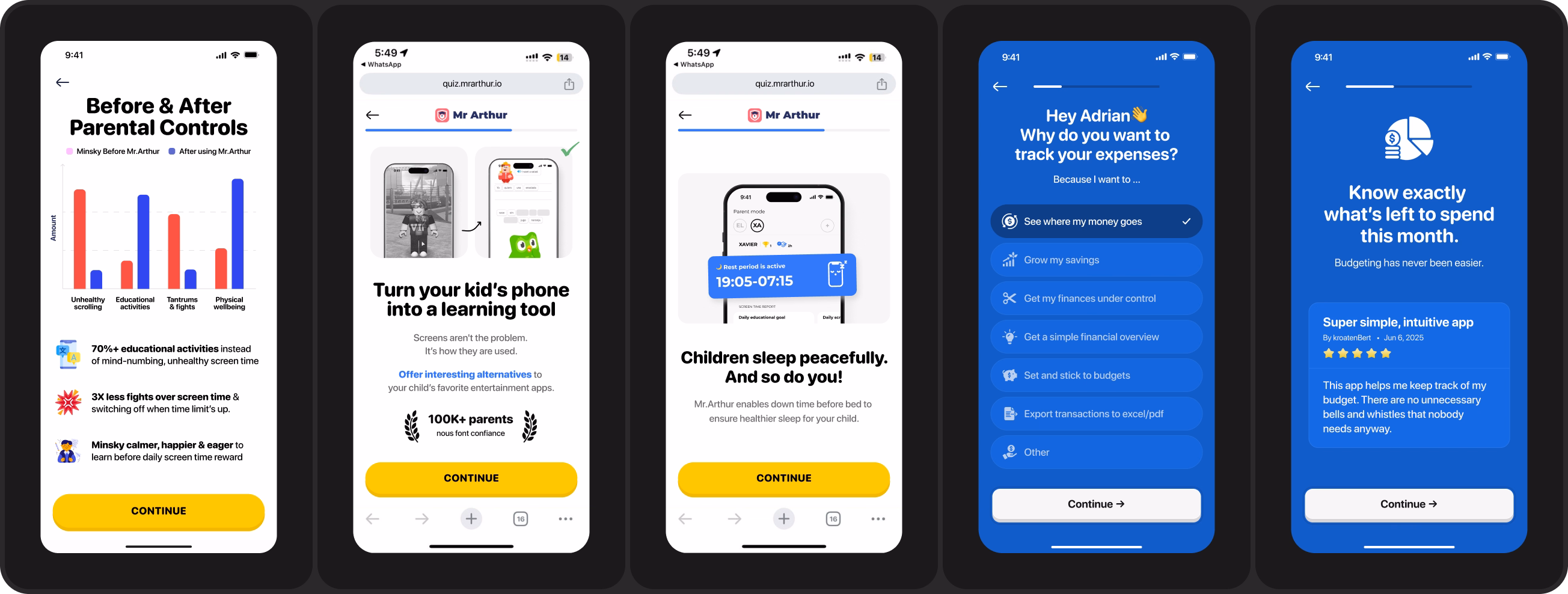 app onboarding screens design that show before-and-after, transformation, goal projection, quiz questions etc