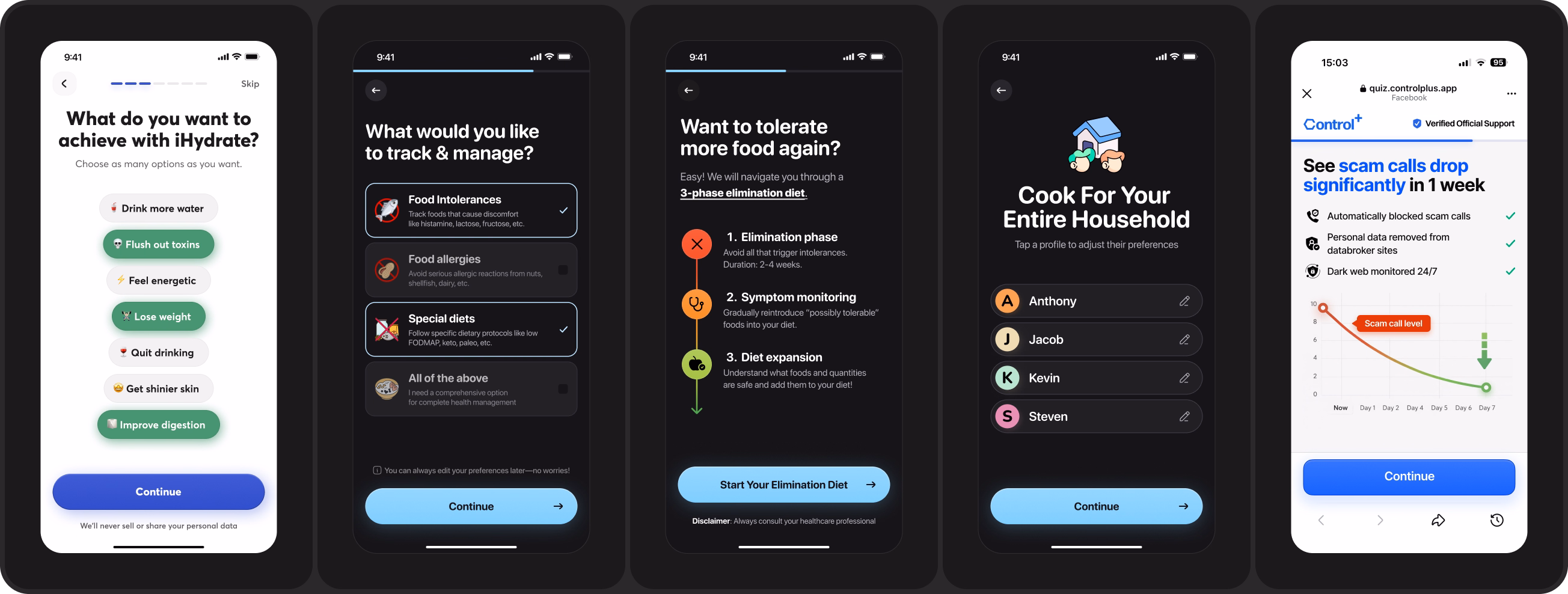 app onboarding design examples showing goal selection & outcome promise screens