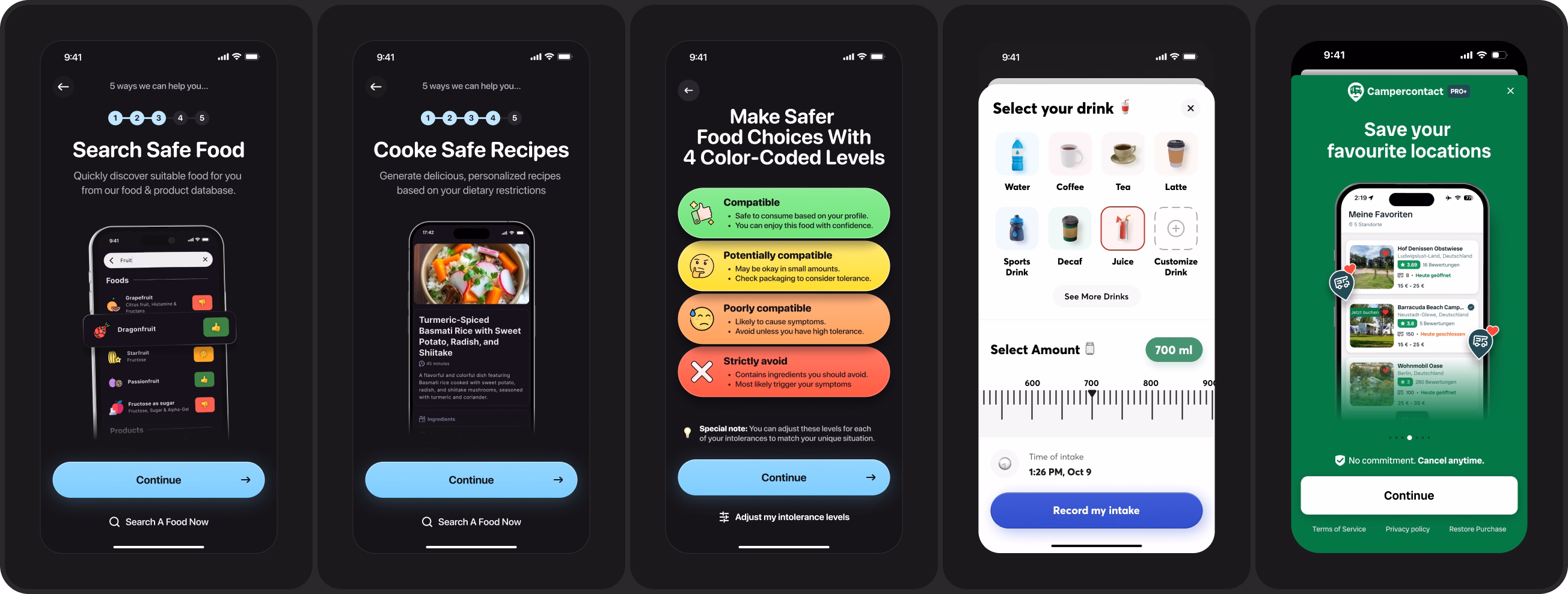 app onboarding UI design by roastmyapp for campercontact & intolerapp