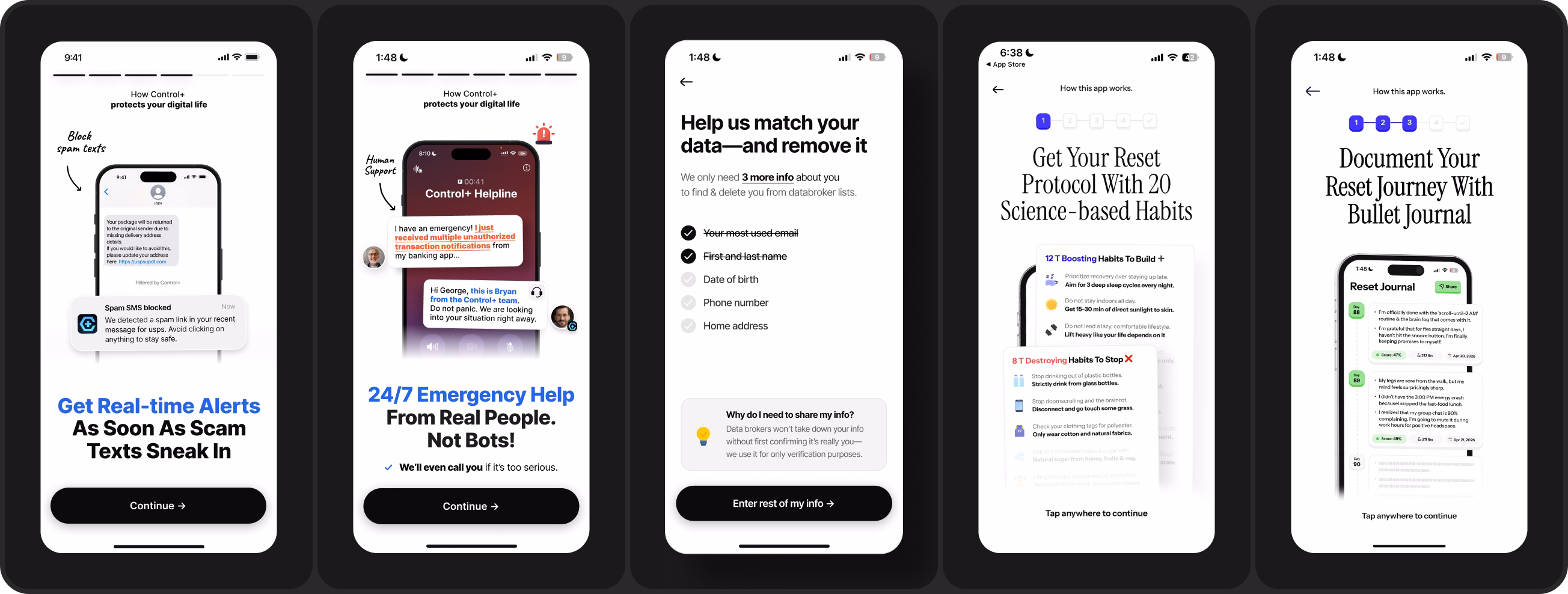 app onboarding design for cybersecurity app & life reset app