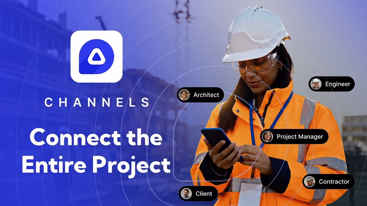 Image shows a woman on a construction site looking at her phone to check project updates from different project team members using Shape Channels
