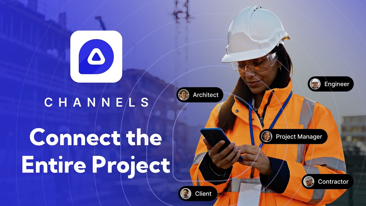 Image shows a woman on a construction site looking at her phone to check project updates from different project team members using Shape Channels