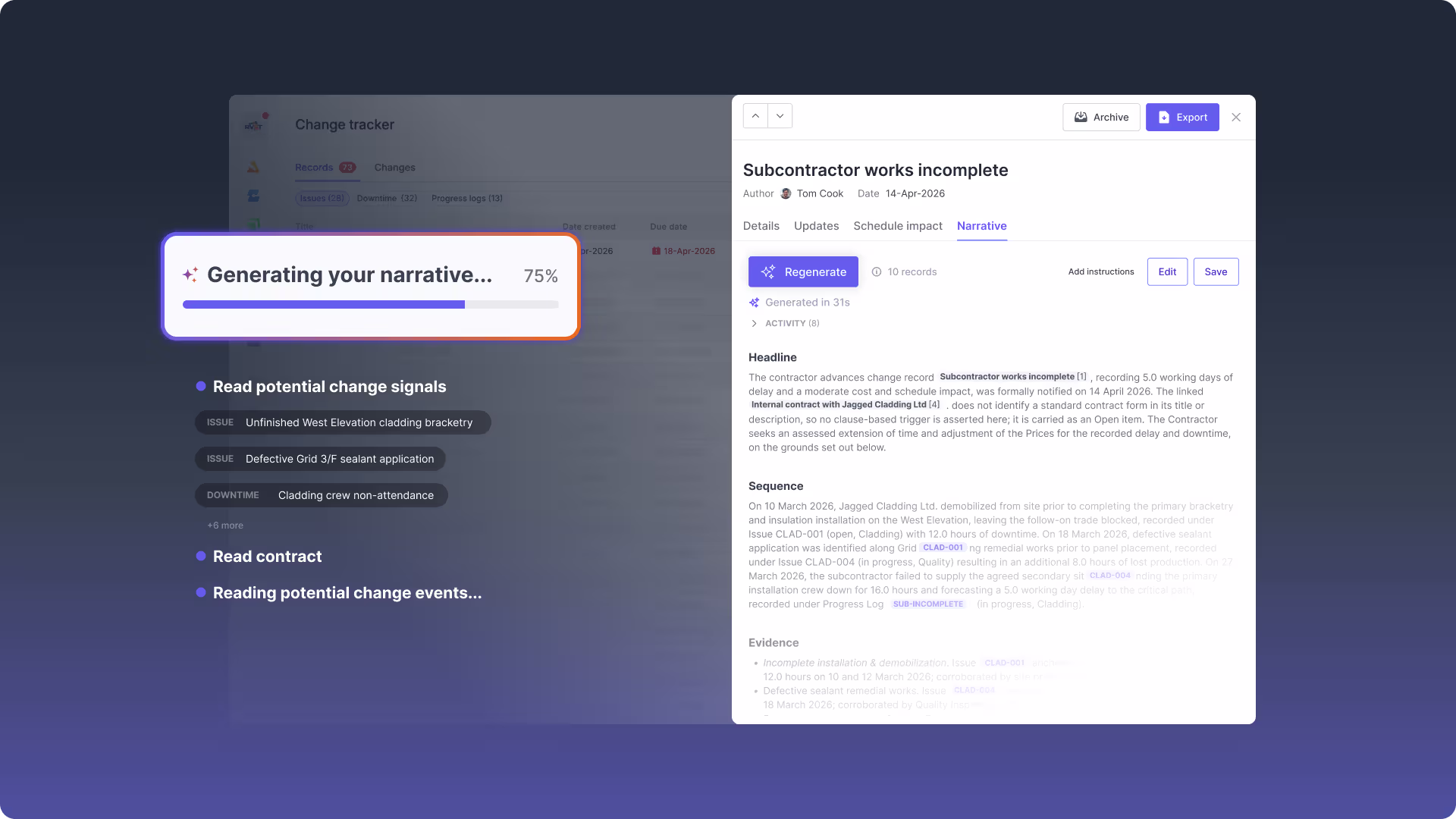 A change in Shape's Change Tracker with an AI-drafted narrative shown alongside the linked records that evidence it.