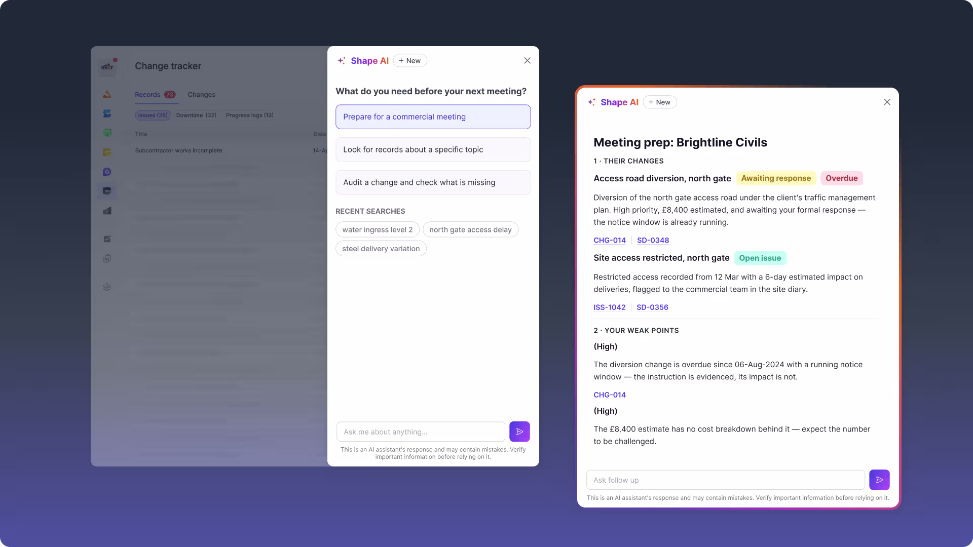 Shape AI answering a question about a change, with links through to the project records behind the answer.