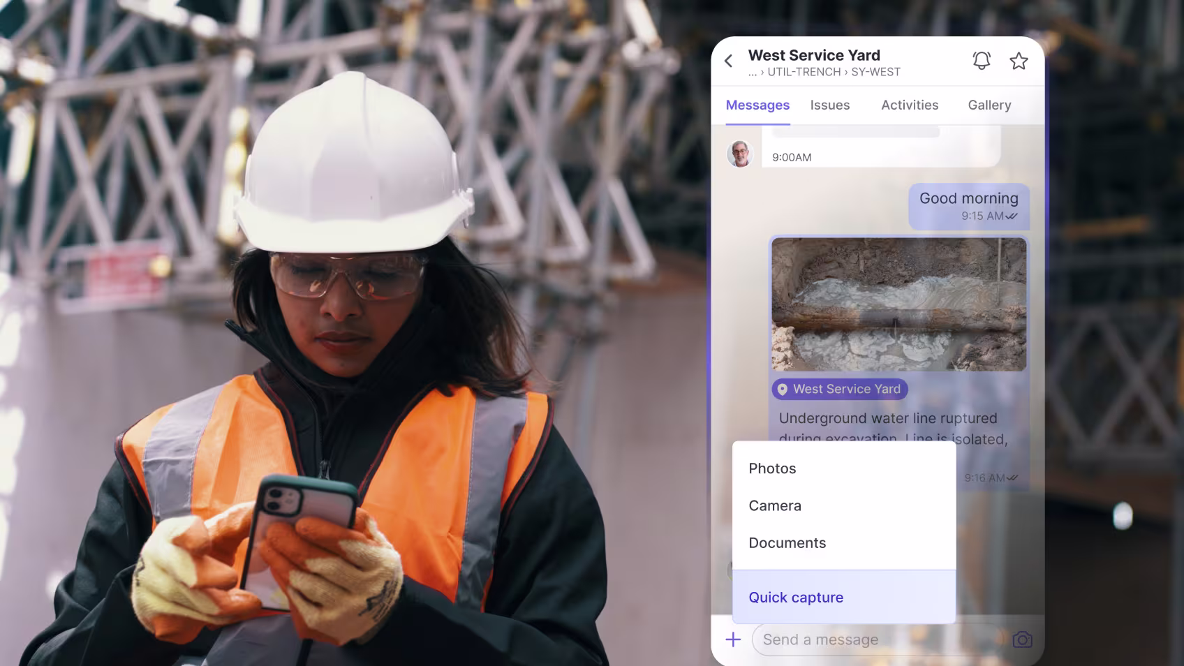 Field worker posting a site update in Shape's Channels app on a job site