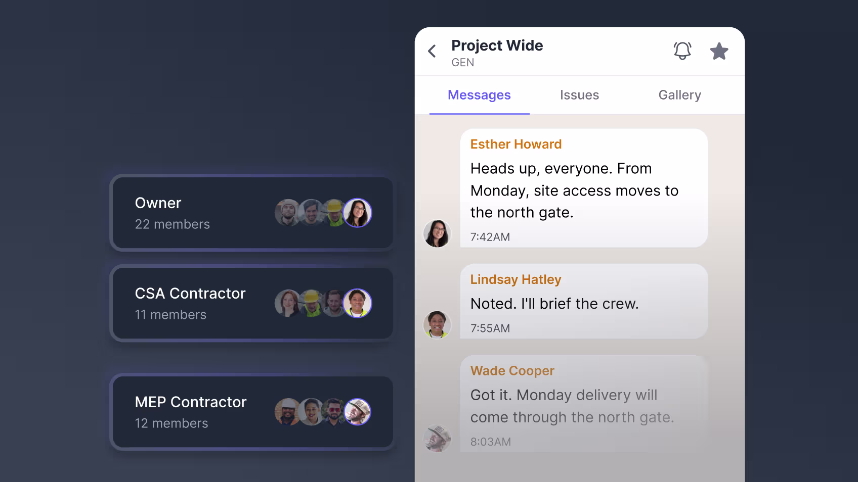 Project Channel in Shape showing a site-wide update that site access is moving to the north gate