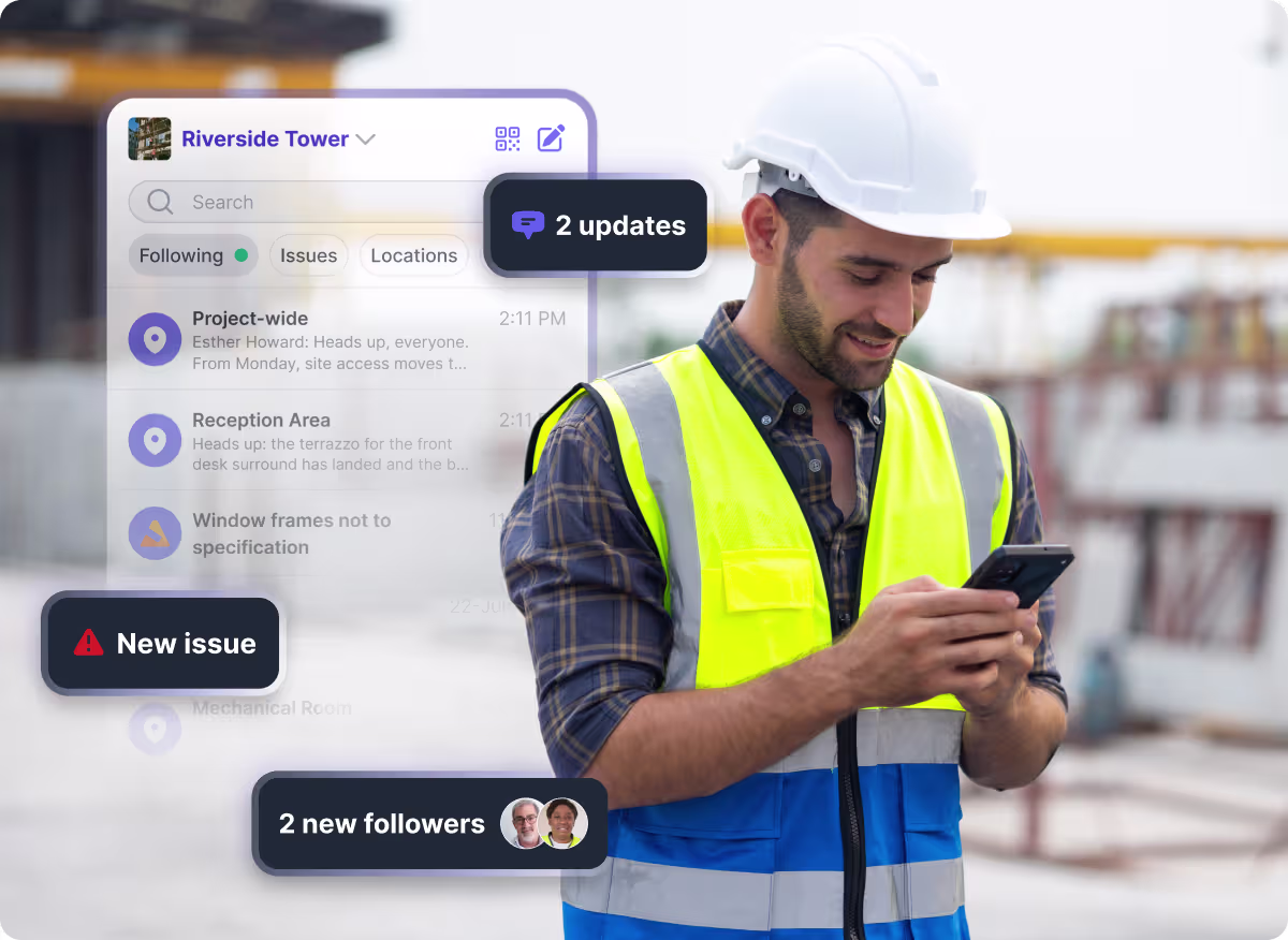 Construction worker using Shape's Channels app showing project, location, and issue conversations organized in separate channels