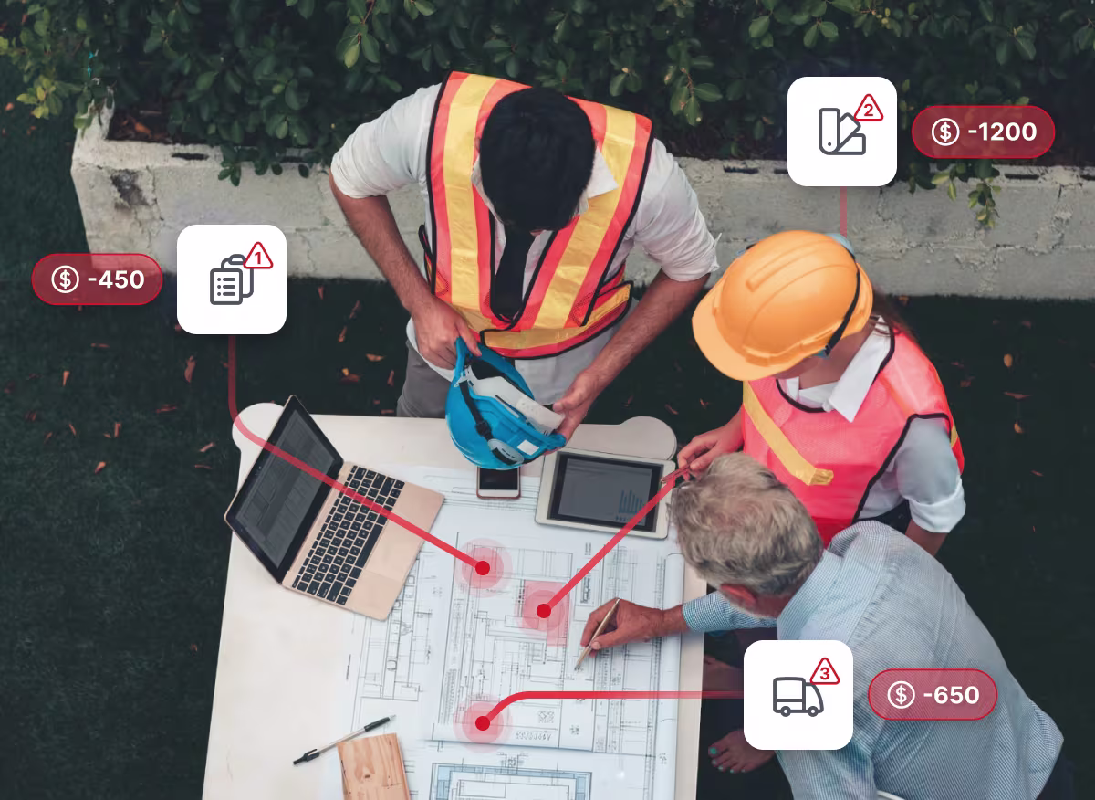 Project team reviewing drawings at a site table, with three small changes marked as added costs