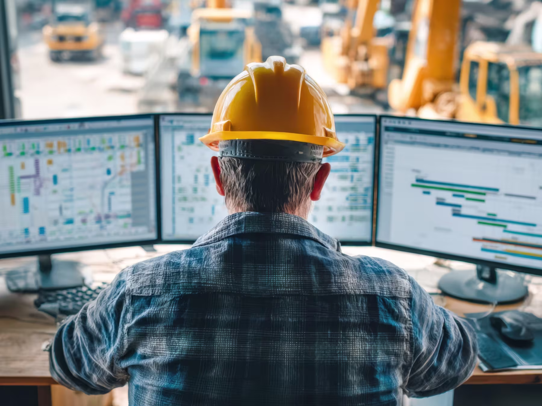Person in a hard hat reviewing schedules on three monitors in a site office