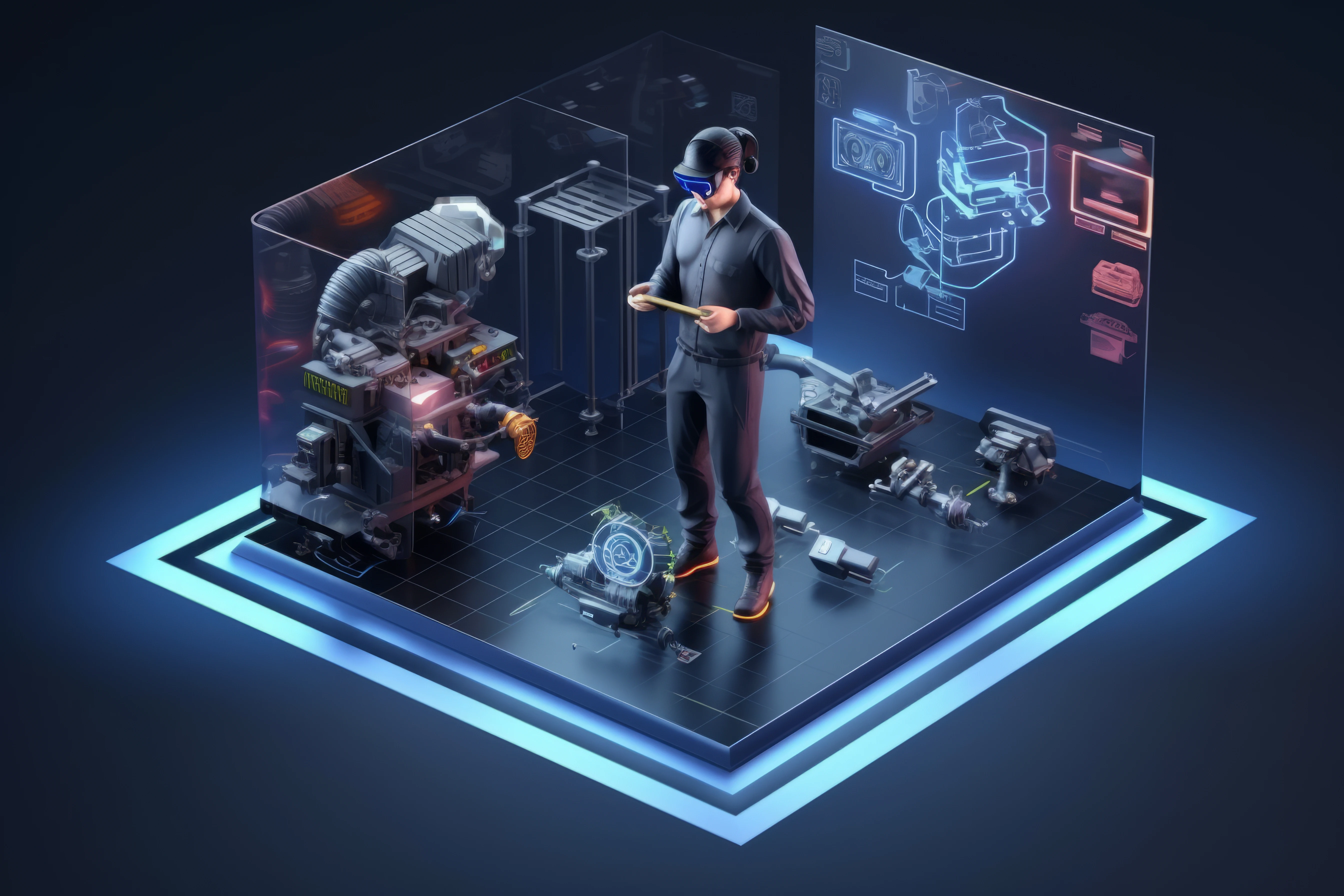 A technician using a tablet to identify and order spare parts for industrial machinery maintenance.