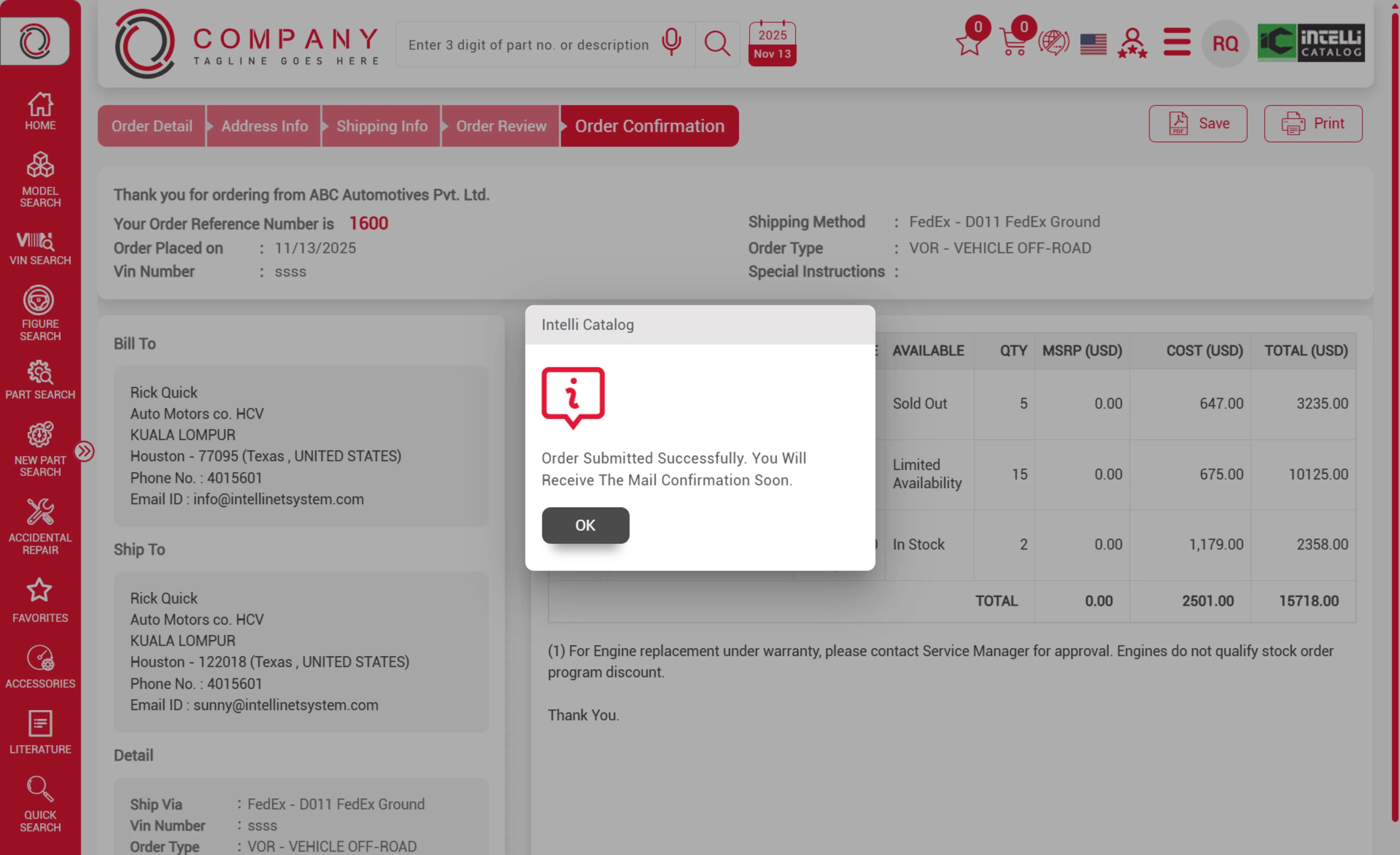 Order confirmation screen showing order details with a success message.