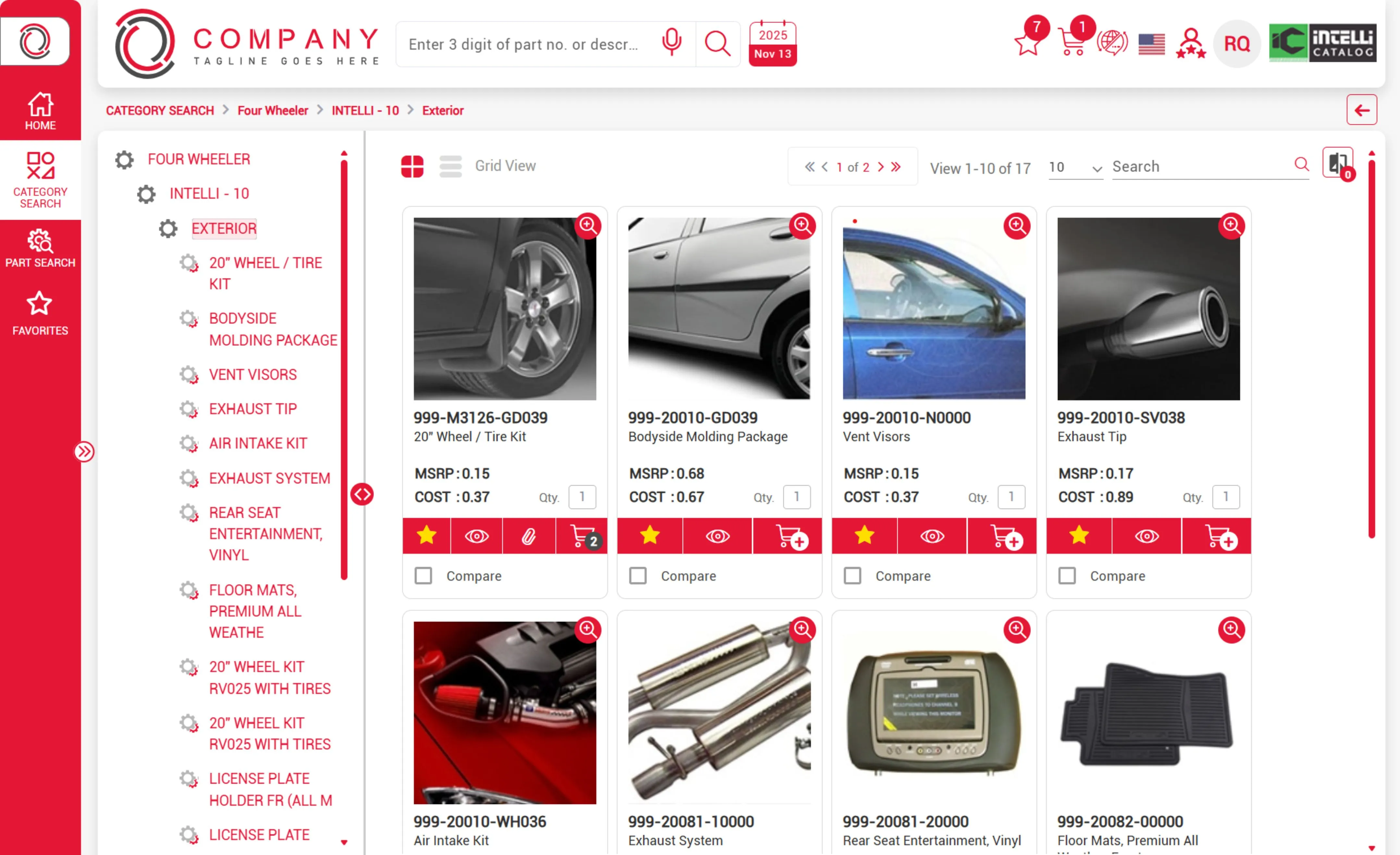 Intelli Catalog interface displaying exterior car parts, product images, and pricing.