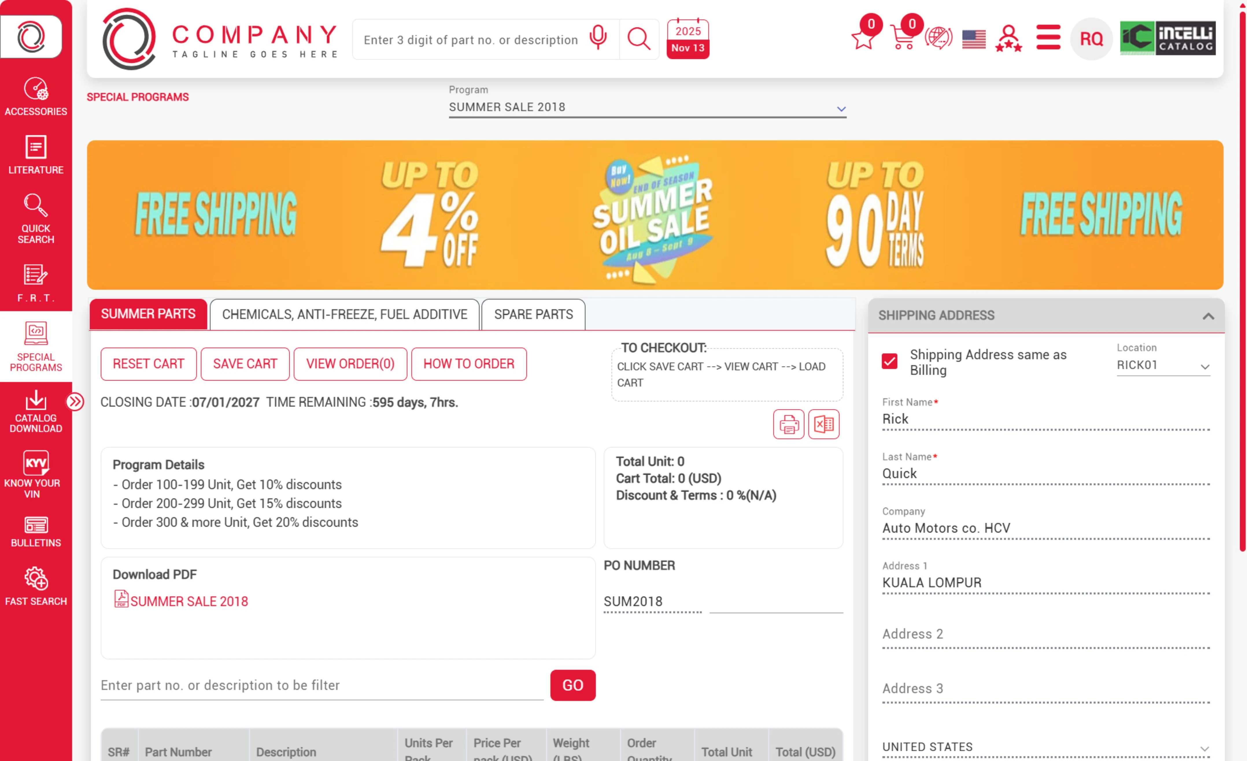 Spare parts order interface showing summer sale with free shipping, discounts up to 4%, and up to 90 day terms, includes program details, cart options, and shipping address form.